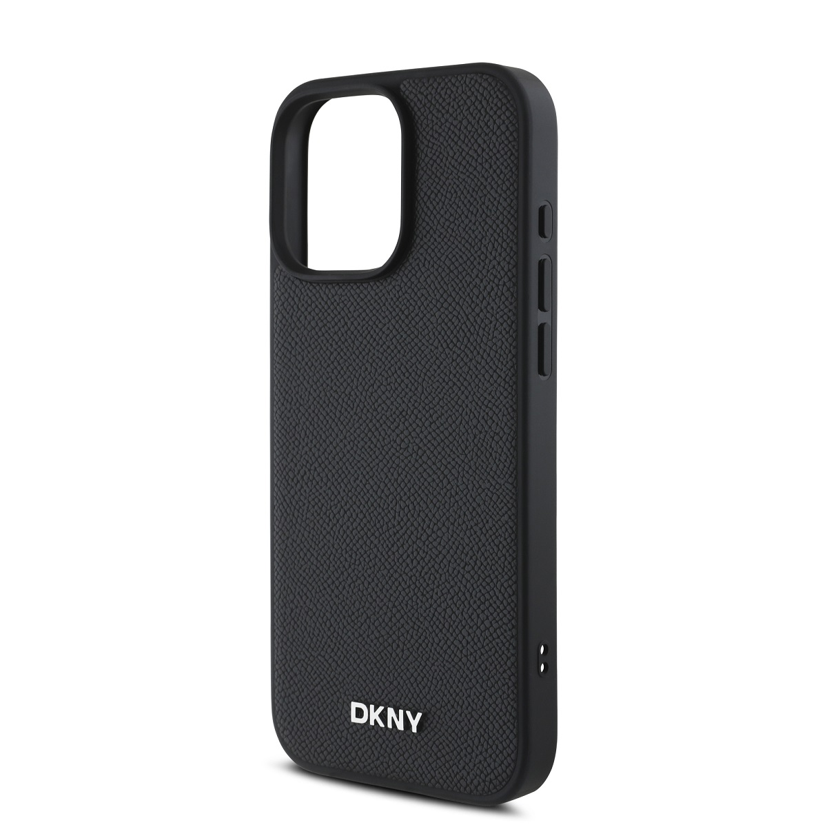 Una custodia per telefono DKNY nera. Ha una superficie strutturata, un ritaglio per la fotocamera e pulsanti laterali. Il logo DKNY è visibile.