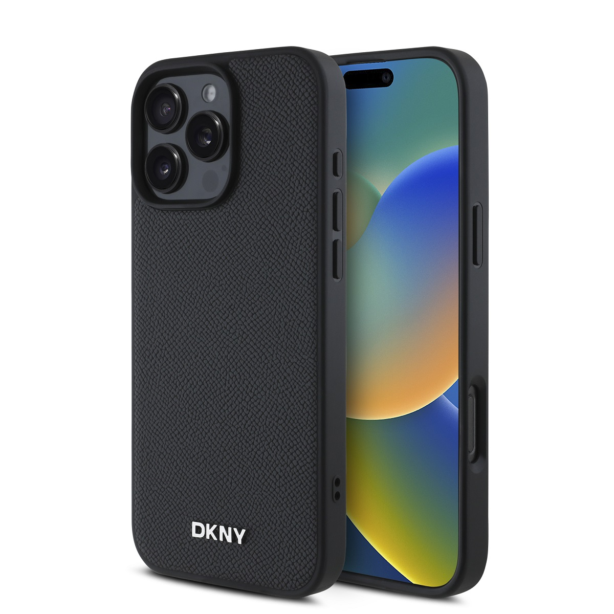 iPhone nero con custodia DKNY. Il telefono è su una superficie bianca. La custodia è strutturata.