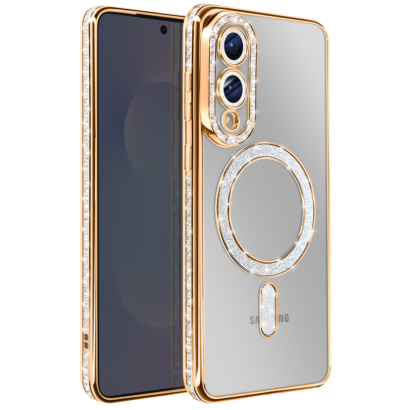 Coque de téléphone transparente avec bordure dorée et strass incrustés, avec un téléphone à gauche. La coque a des accents d'anneau et d'appareil photo.