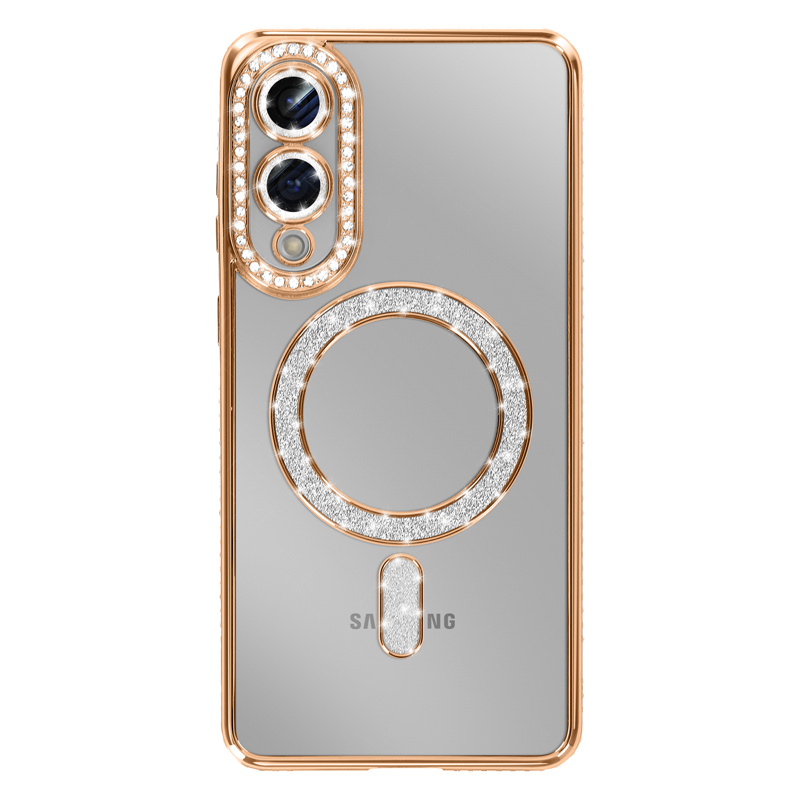 Une coque de téléphone dorée avec des accents de diamants autour de la caméra, un anneau et une section inférieure. Le fond est gris.