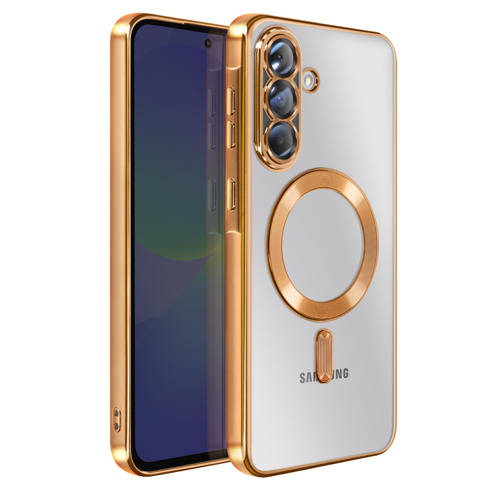 Un smartphone dans un étui doré. L'étui a un dos transparent avec un anneau doré et un cadre doré.