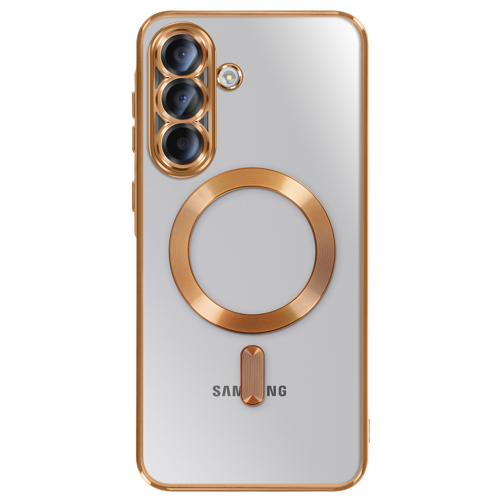 Une coque de téléphone avec un cadre et des accents dorés. Comprend une triple caméra, un anneau et le logo Samsung.