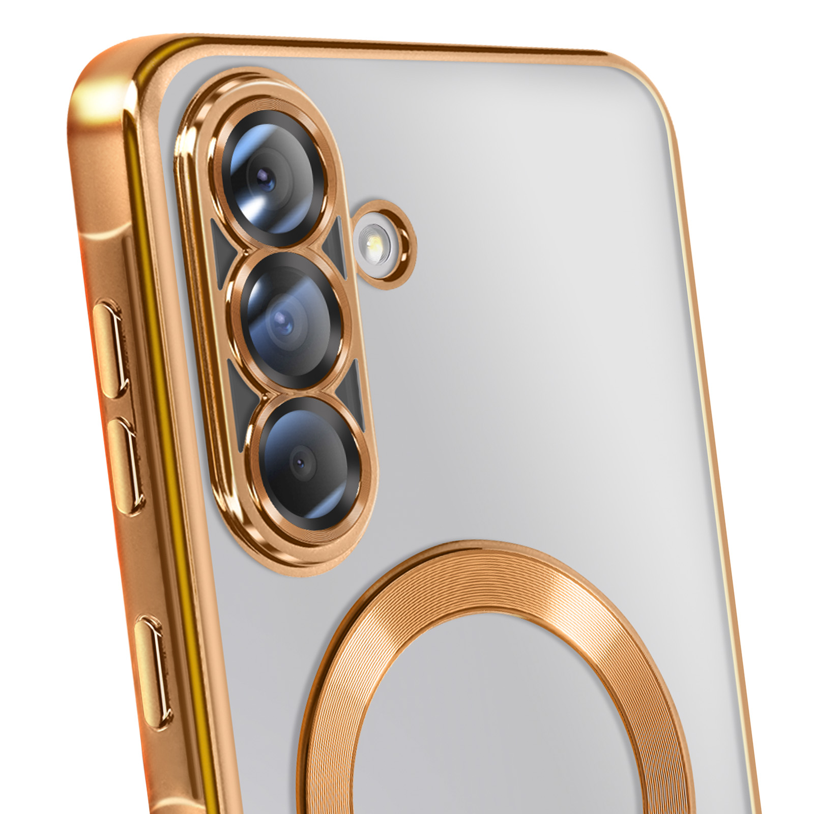 Gros plan sur une coque de téléphone avec un cadre doré et des lentilles d'appareil photo. La coque a un dos transparent et un anneau doré.