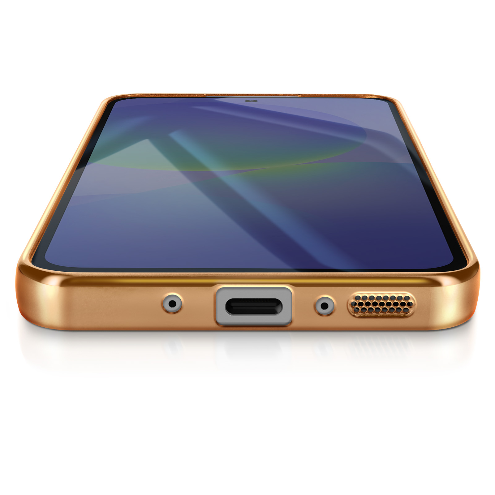 Un smartphone doré est posé sur une surface blanche. L'écran affiche un design abstrait coloré.