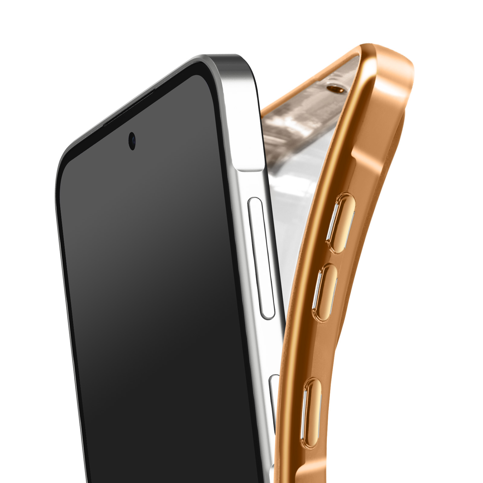 Gros plan d'un smartphone avec un étui doré. L'écran est noir, le cadre du téléphone est argenté.