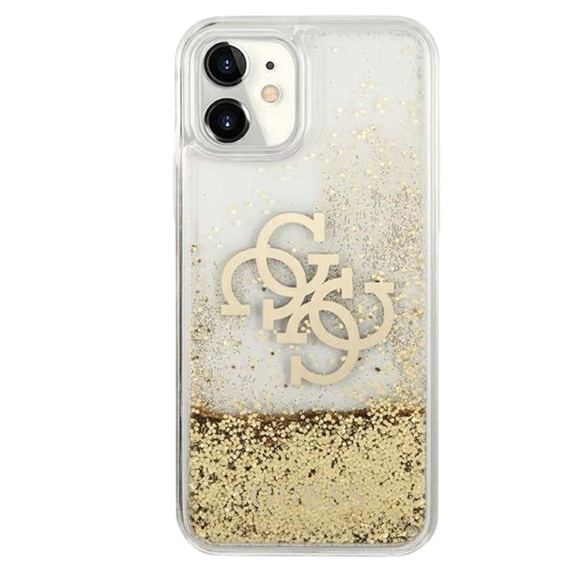 Custodia trasparente per iPhone con glitter dorati e logo Guess dorato. La fotocamera del telefono è visibile.