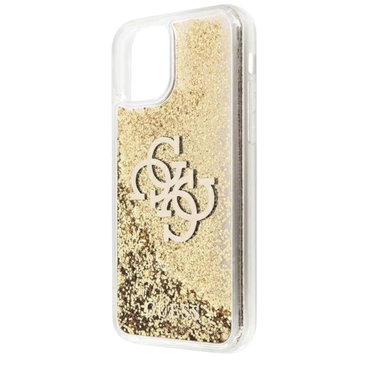 Una custodia trasparente per telefono con glitter dorati all'interno. Un logo dorato è visibile. La custodia è su sfondo bianco.