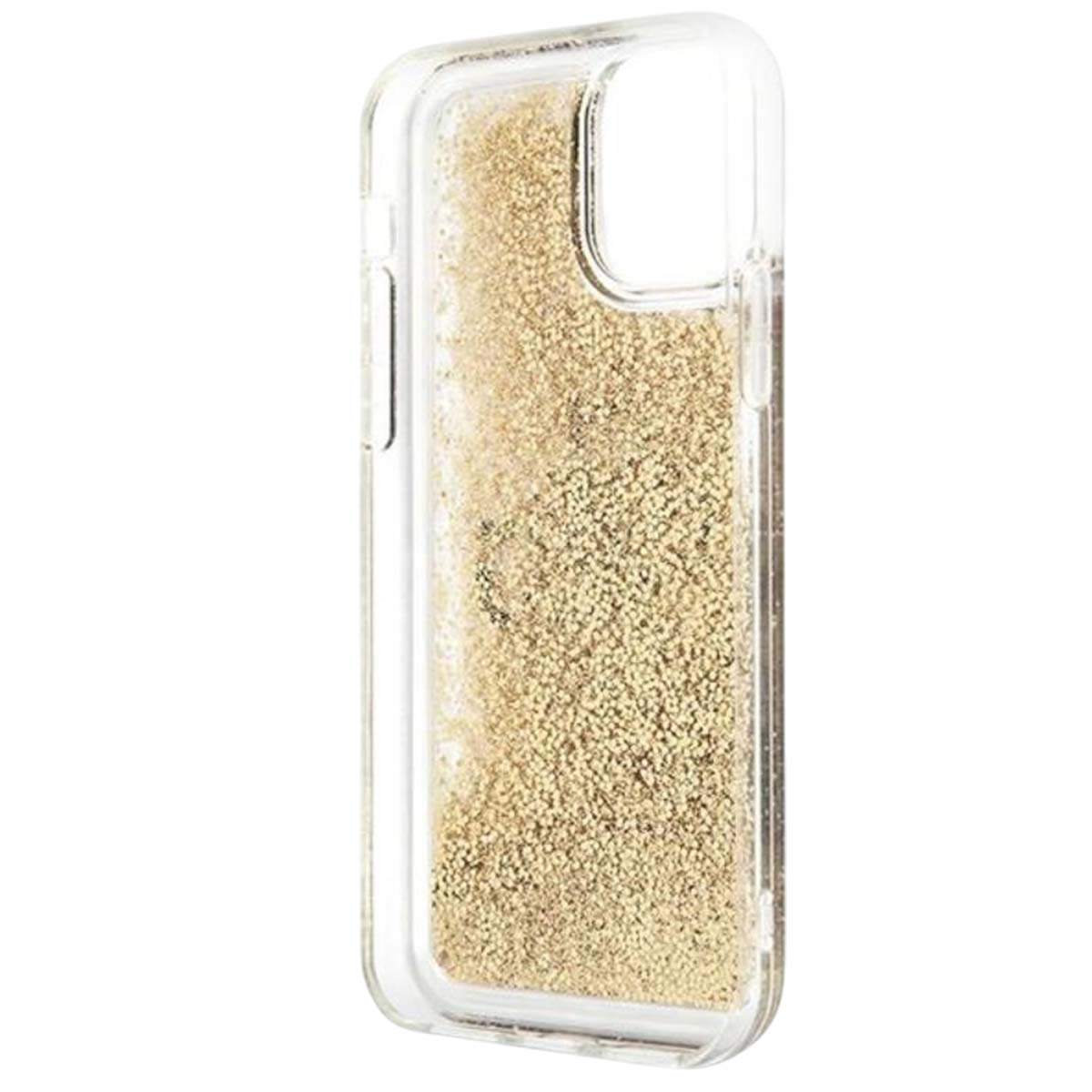 Custodia trasparente per telefono con glitter dorati all'interno. La custodia è rettangolare con angoli arrotondati. I glitter riempiono la custodia.