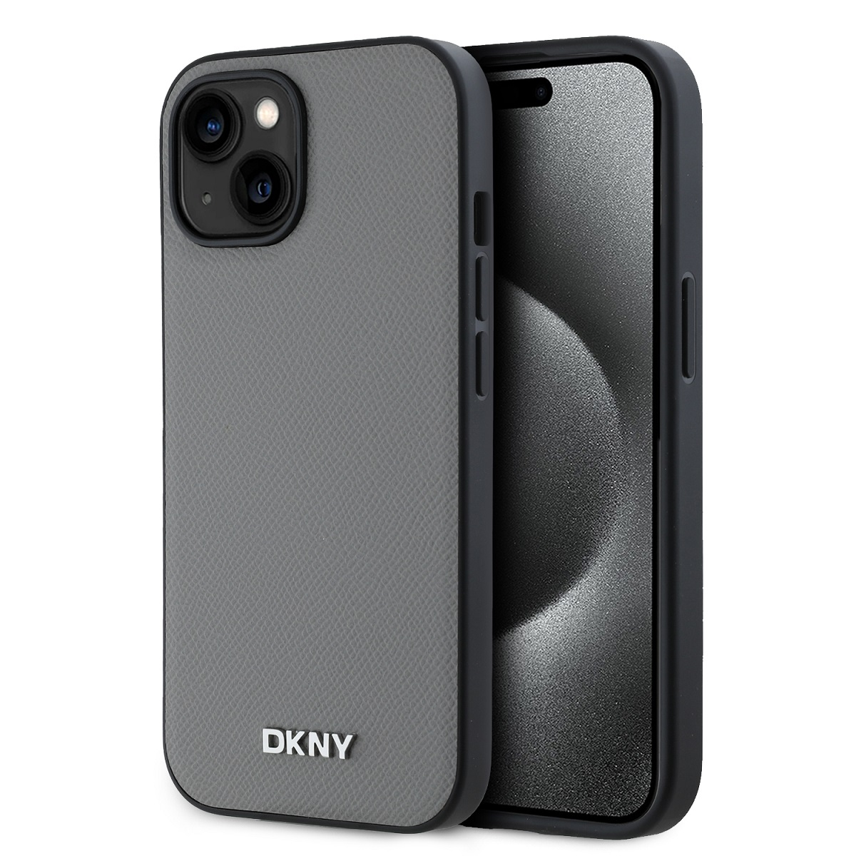 Una custodia per telefono DKNY grigia con bordo nero, accanto a un telefono nero. La custodia ha una finitura strutturata e il logo DKNY è visibile.
