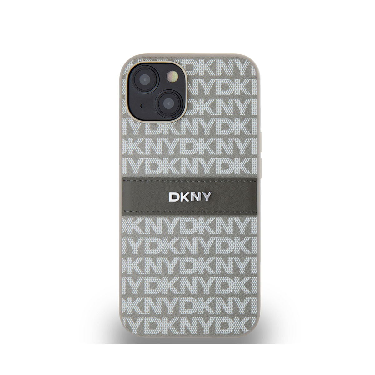 Uno smartphone con custodia DKNY. La custodia è grigia con un motivo e una striscia grigio scuro con il logo DKNY.