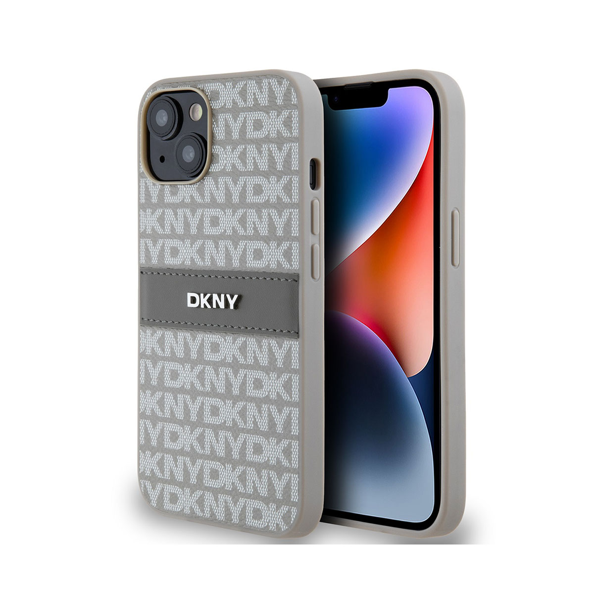 Un iPhone in una custodia DKNY. La custodia è grigio chiaro con loghi DKNY ripetuti. Una toppa in pelle grigia mostra il logo DKNY.