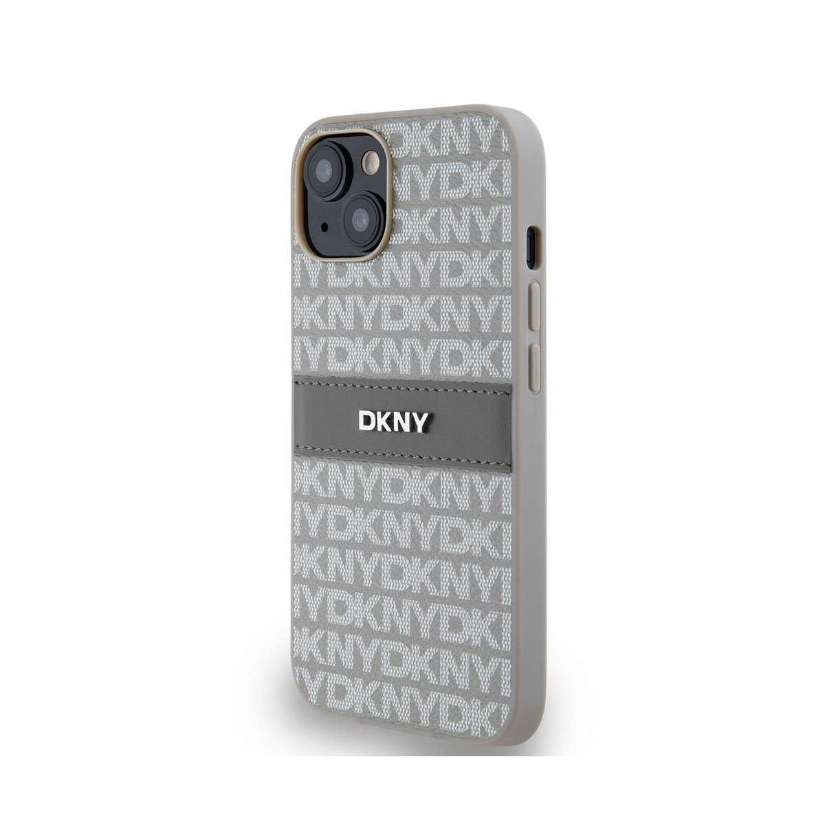 Una custodia grigia per telefono con il logo DKNY. Presenta un motivo ripetuto di DKNY e una striscia con il nome del marchio.