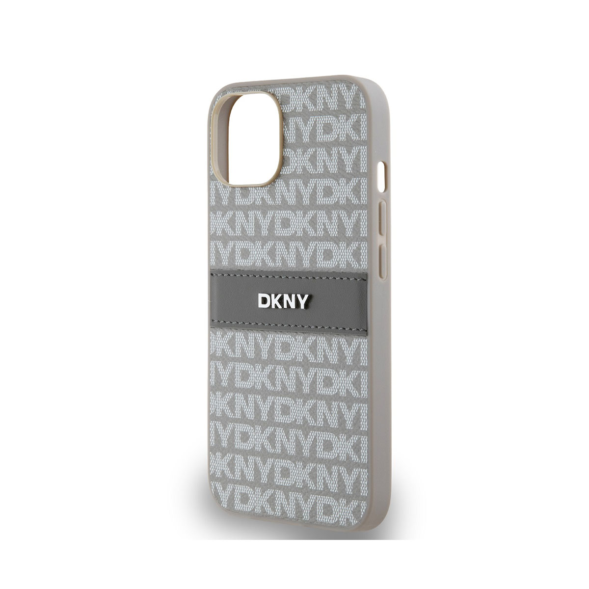Una custodia per telefono con un motivo DKNY grigio e bianco. Una fascia grigia con 'DKNY' è al centro. La custodia è su sfondo bianco.