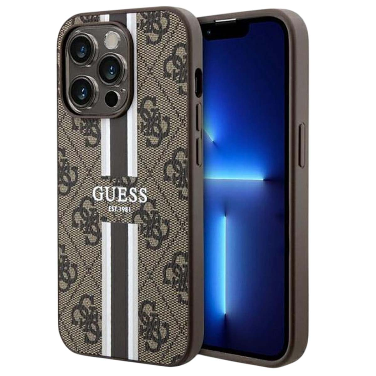 Un iPhone in una custodia Guess marrone. La custodia ha un motivo con logo e strisce verticali bianche. Lo schermo del telefono è blu.