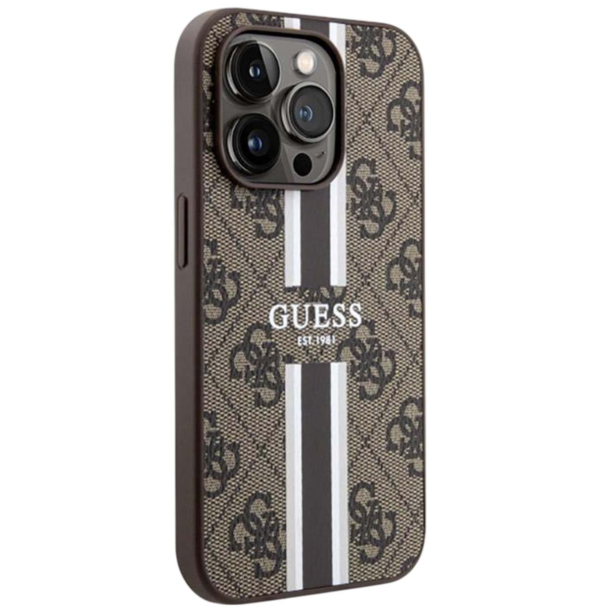 Una custodia per telefono Guess con un motivo marrone e beige. È dotata di un ritaglio per la fotocamera e del logo Guess.
