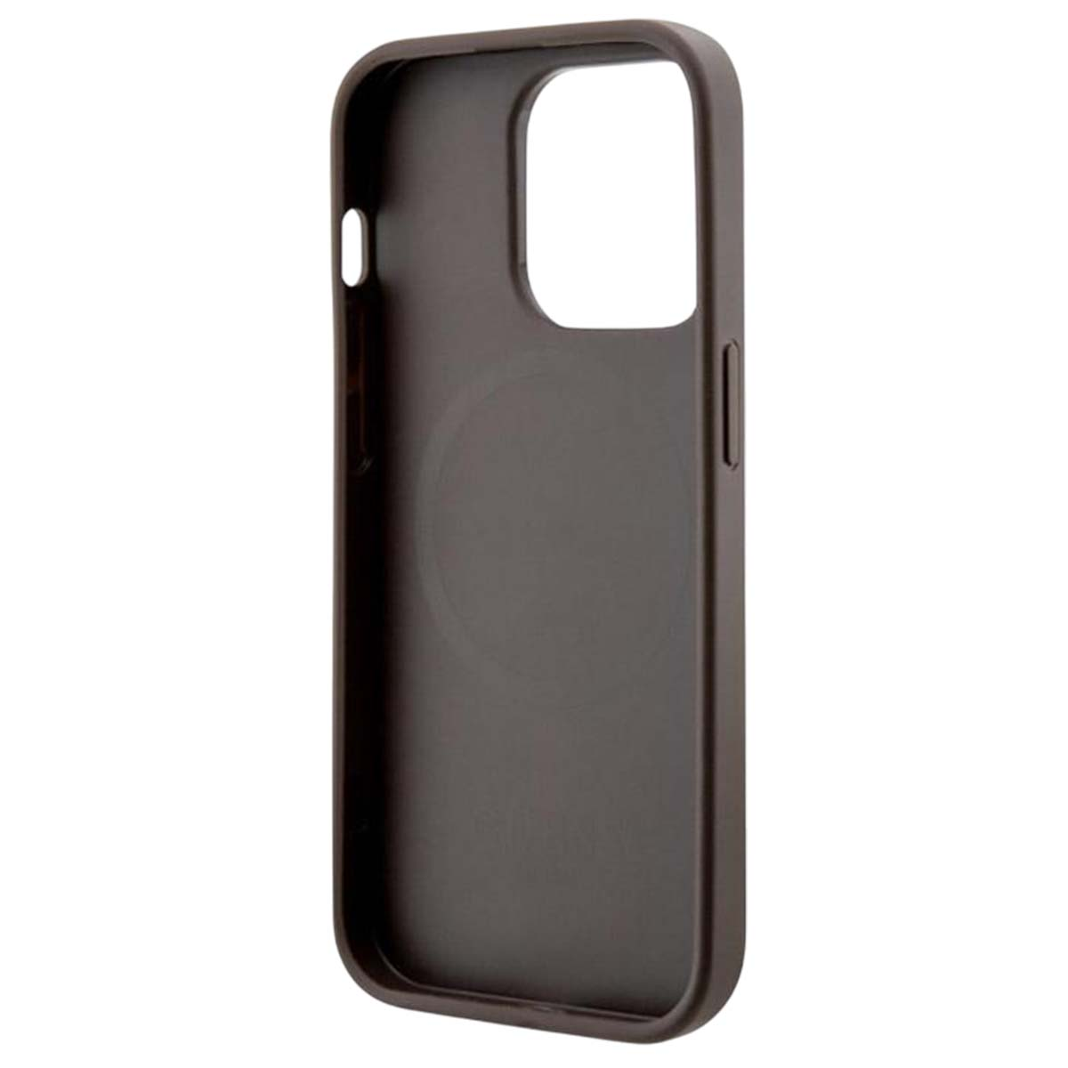 Una custodia per telefono marrone scuro, con aperture per la fotocamera e i pulsanti. Sembra essere realizzata in plastica rigida.