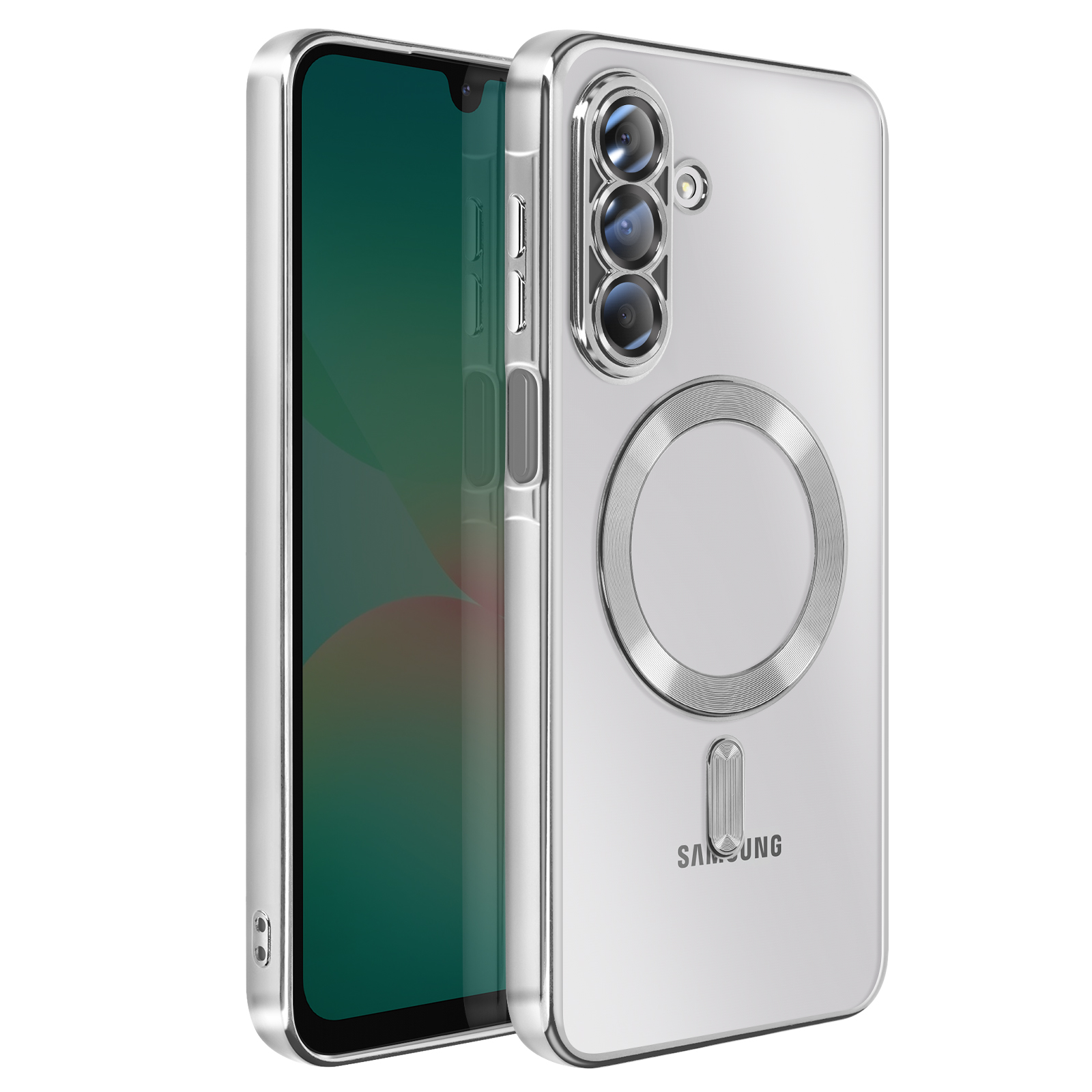 Een zilveren telefoonhoesje met een doorzichtige achterkant. Het heeft een camerabult, een ring en een Samsung-logo.