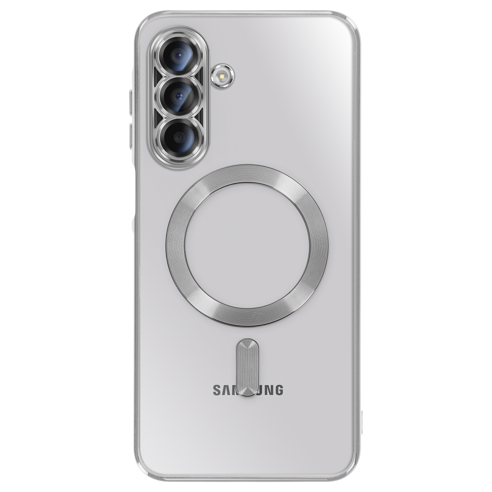 Transparante telefoonhoes op witte achtergrond, met drievoudige cameralenzen en een magneetring.