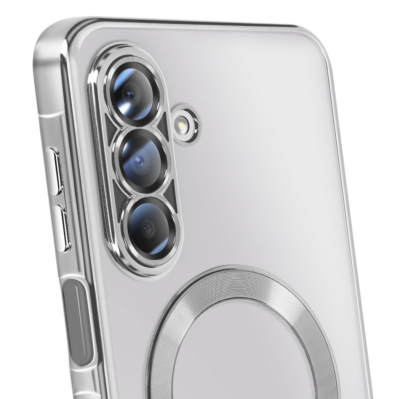 Close-up van een telefoonhoesje met drie cameralenzen en een cirkelvormig ontwerp. De hoes is doorzichtig en zilver.