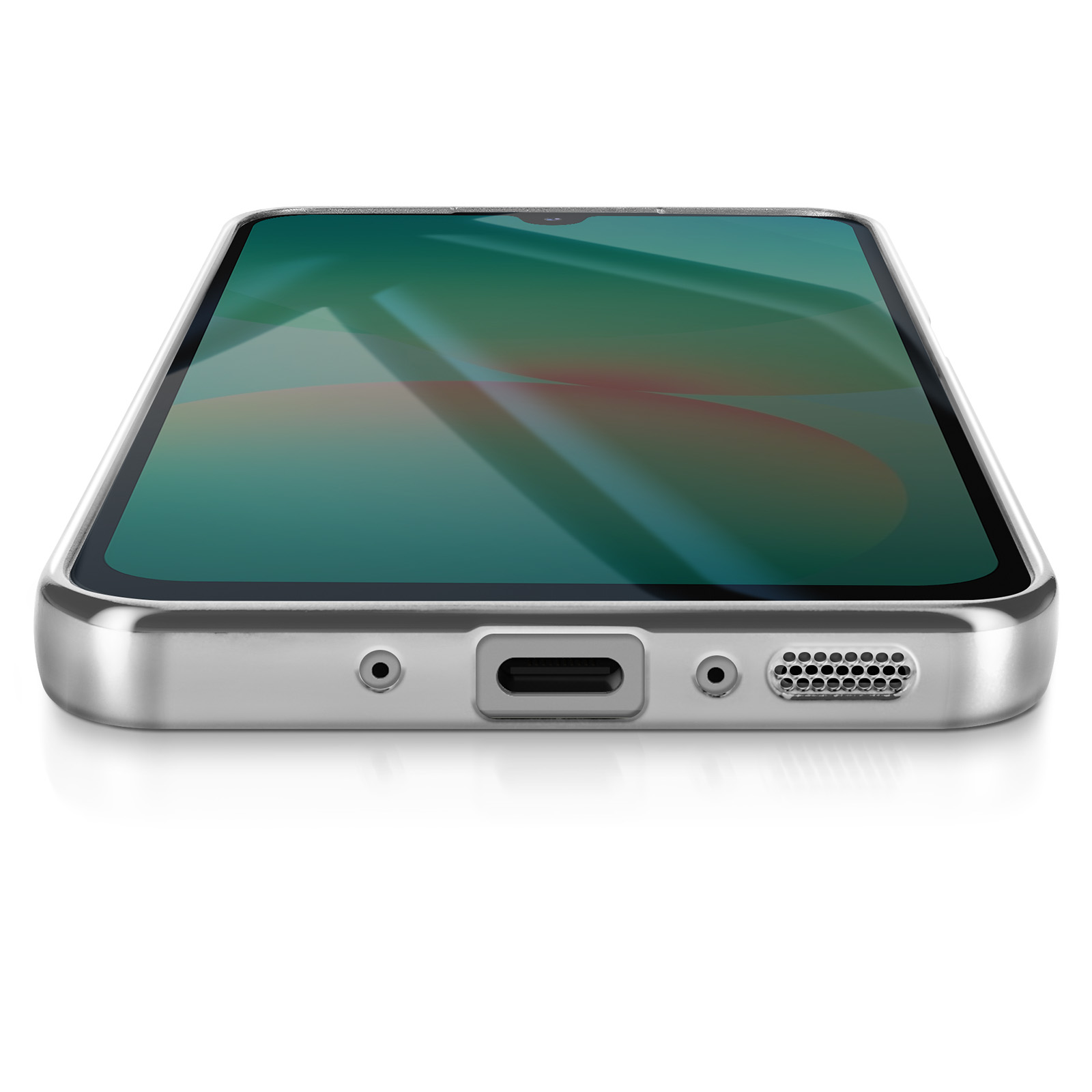 Een zilveren smartphone ligt op een wit oppervlak. Het scherm toont een abstract ontwerp in teal en rood.