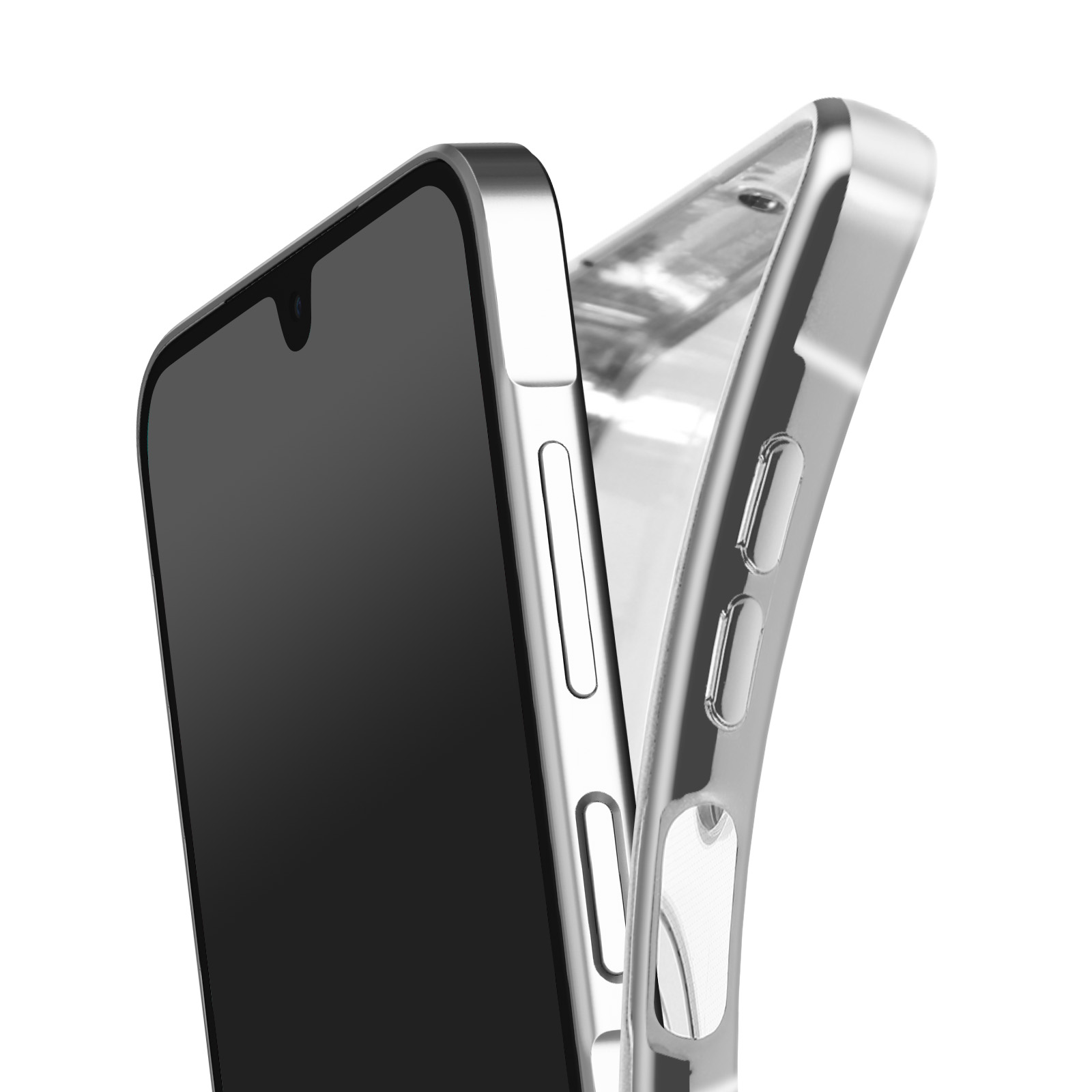 Close-up van een smartphone met zwart scherm en een transparante beschermhoes, tegen een witte achtergrond.