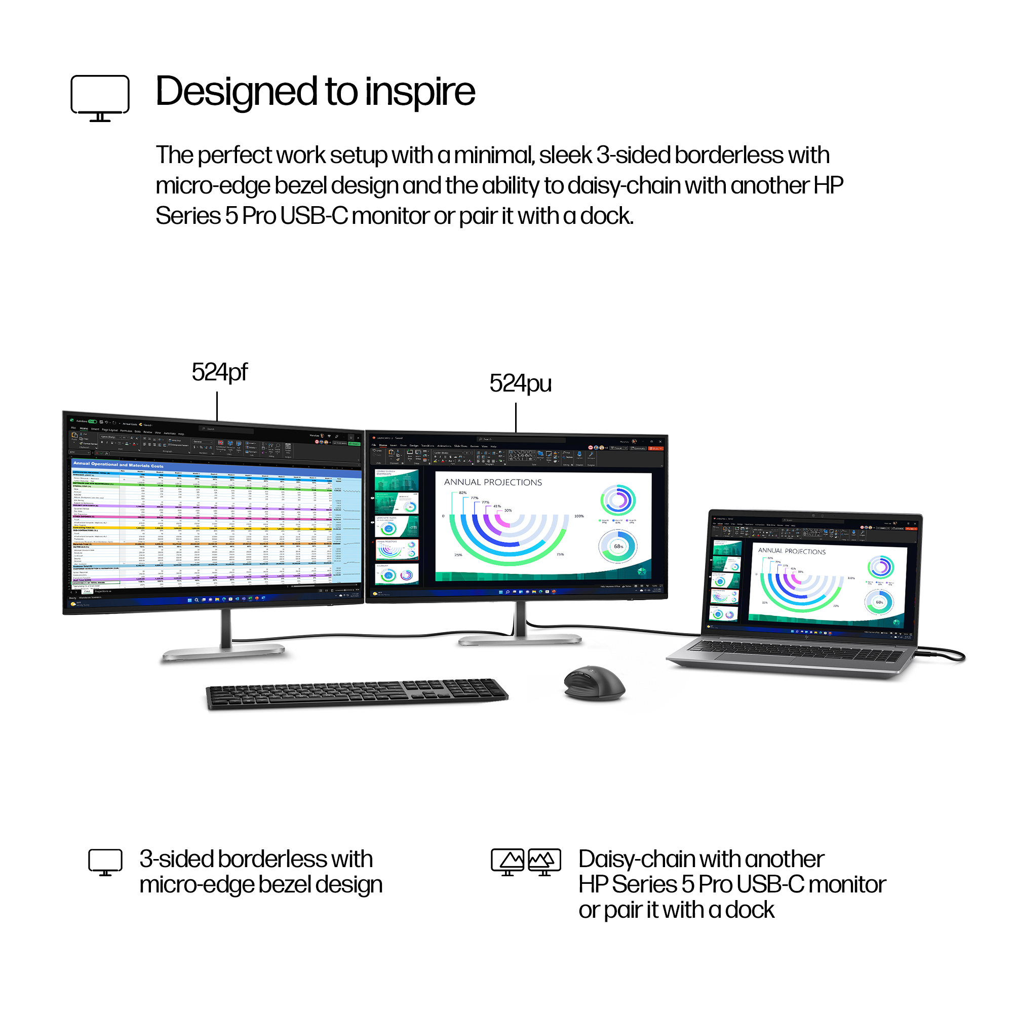 Un'installazione in ufficio con tre monitor, un laptop, una tastiera e un mouse. I monitor visualizzano fogli di calcolo e grafici.