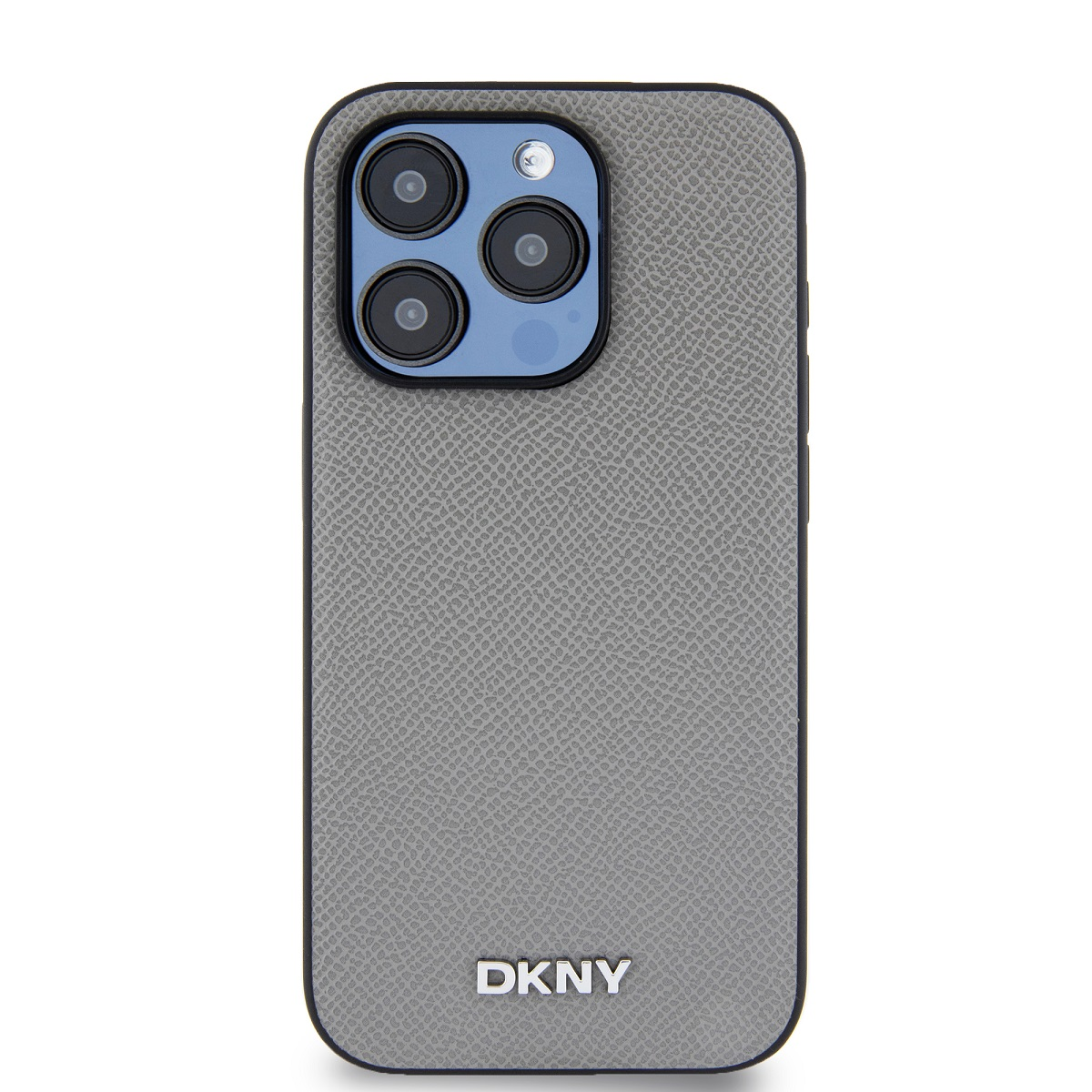 Una custodia grigia DKNY con bordo nero. Ha un modulo fotocamera con tre lenti su sfondo blu.