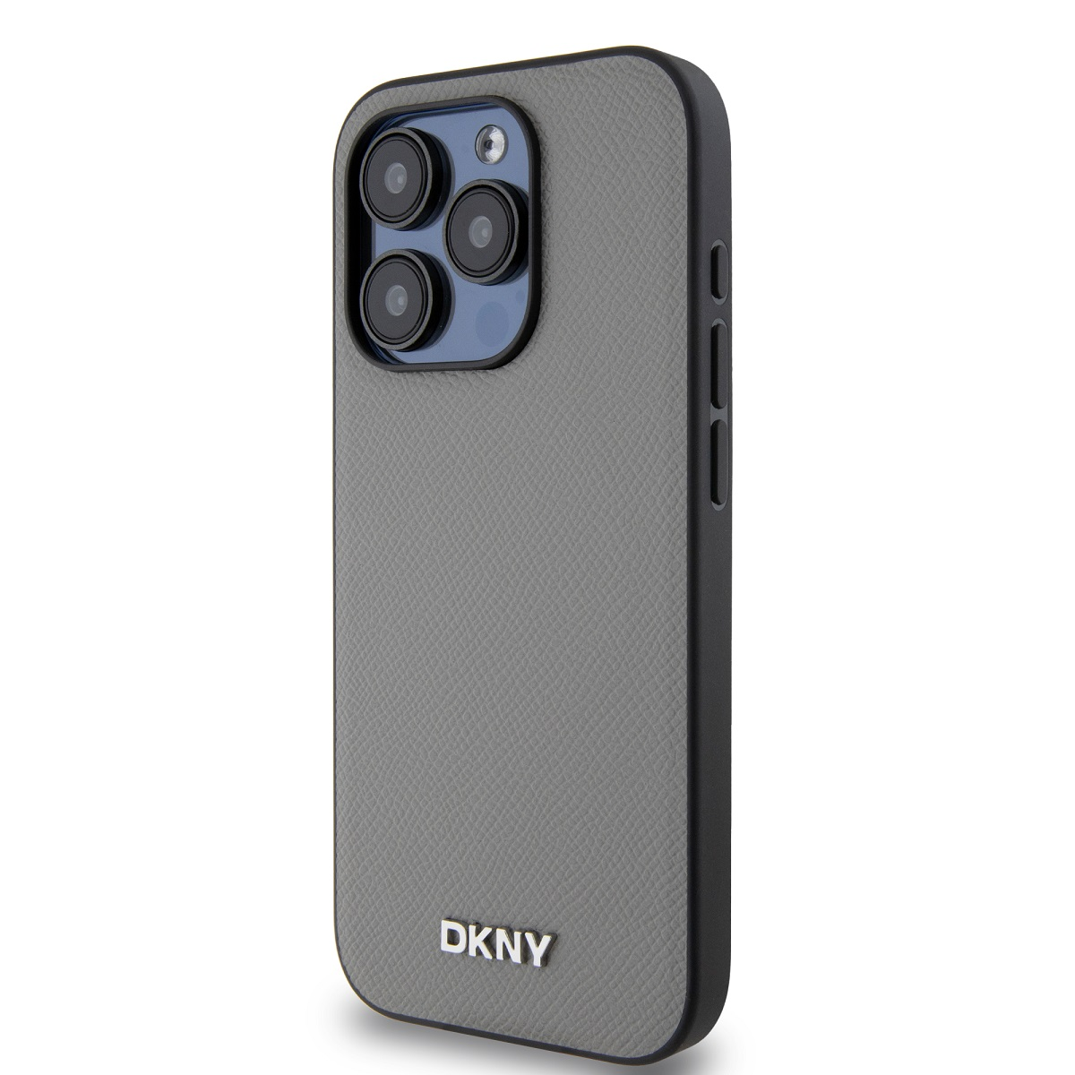 Una custodia DKNY per smartphone. È grigia con bordi neri. La custodia ha il logo DKNY e un modulo fotocamera.