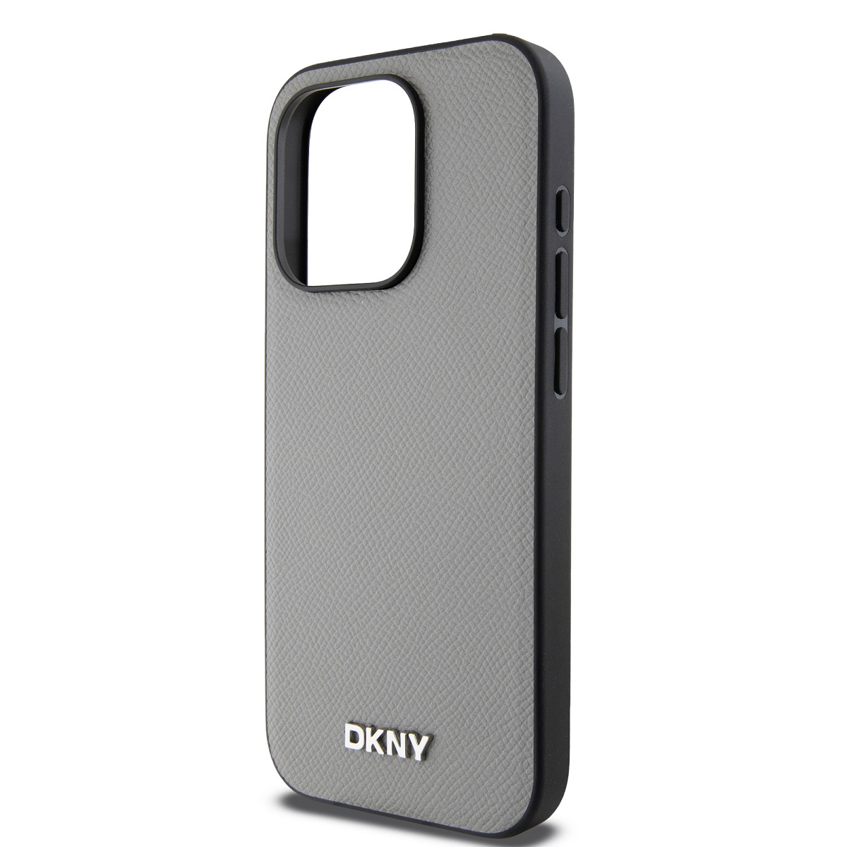 Una custodia grigia DKNY con bordo nero. La custodia ha una superficie strutturata e un'apertura per la fotocamera.