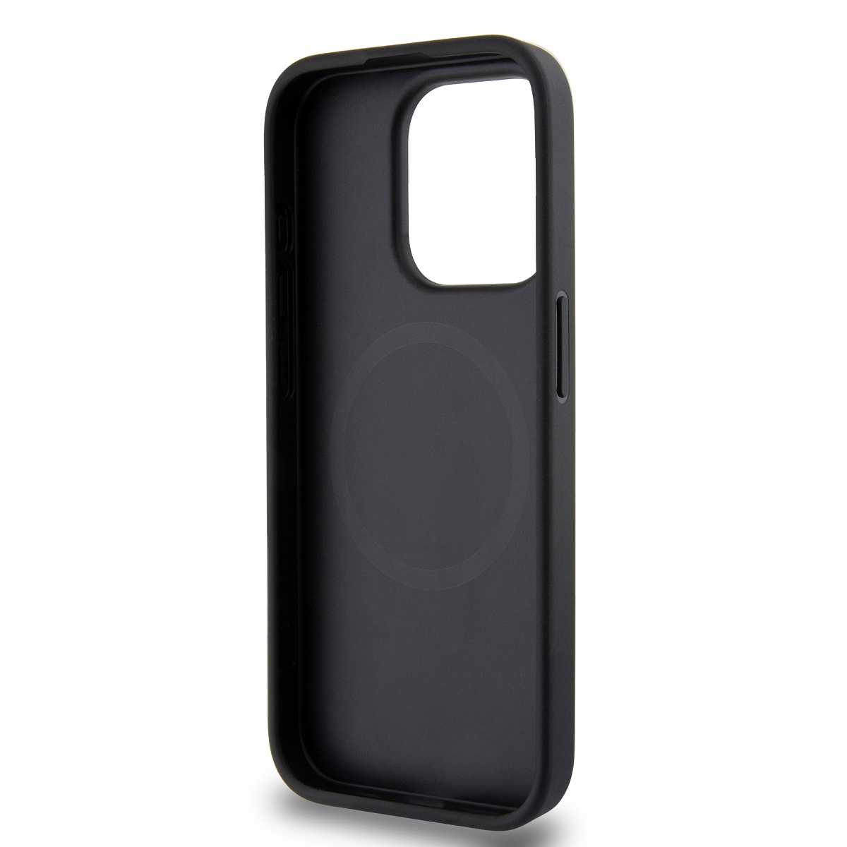 Una custodia per telefono nera. Ha un ritaglio per la fotocamera e un design circolare sul retro. È su uno sfondo bianco.