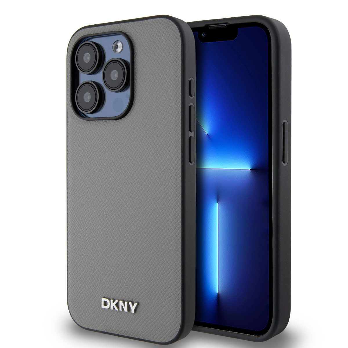 Una custodia grigia DKNY accanto a un telefono nero. Il telefono mostra uno schermo illuminato di blu. La custodia ha più ritagli per la fotocamera.