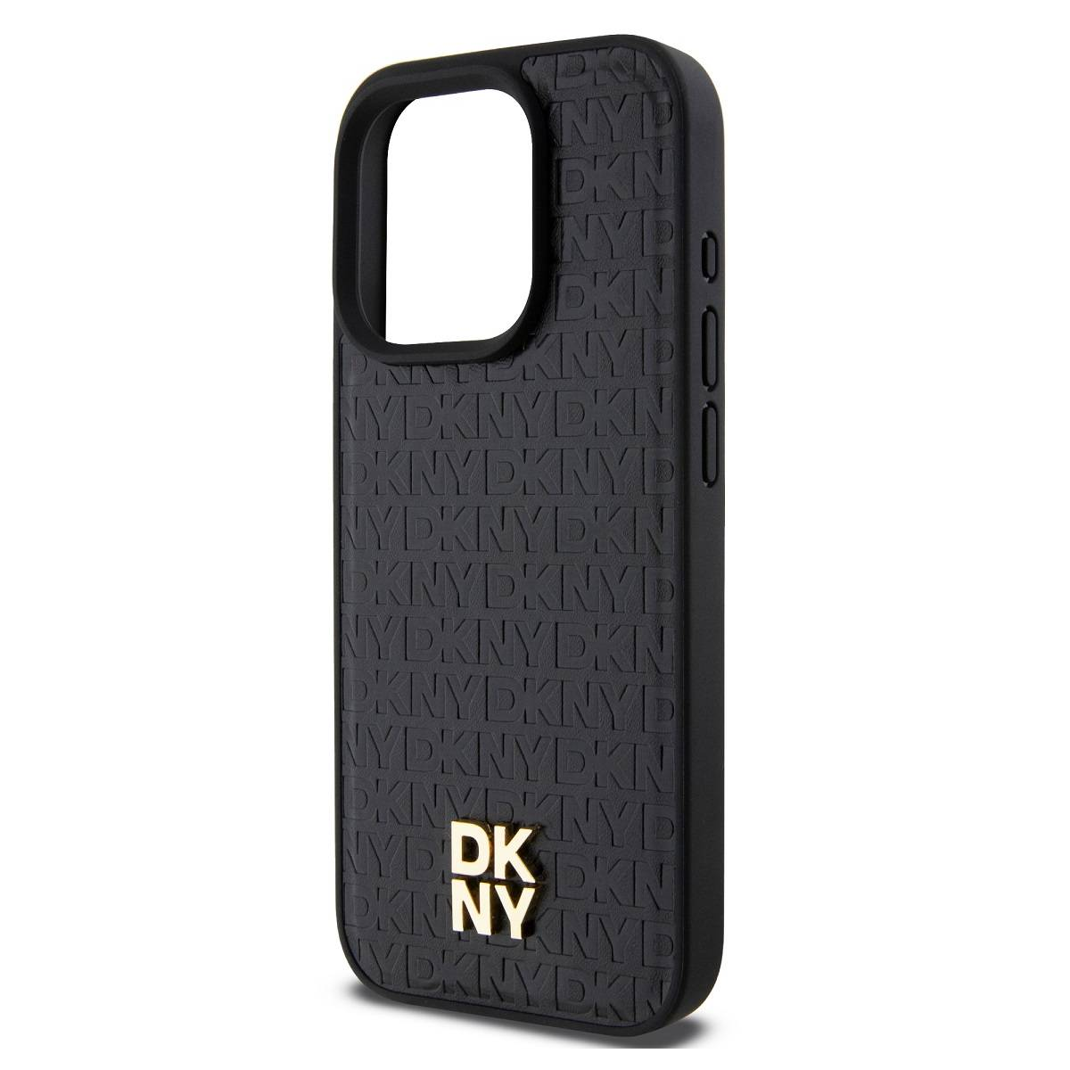 Custodia per telefono nera con loghi 'DKNY' e 'NYD' in rilievo. La custodia ha un ritaglio per la fotocamera e pulsanti laterali.