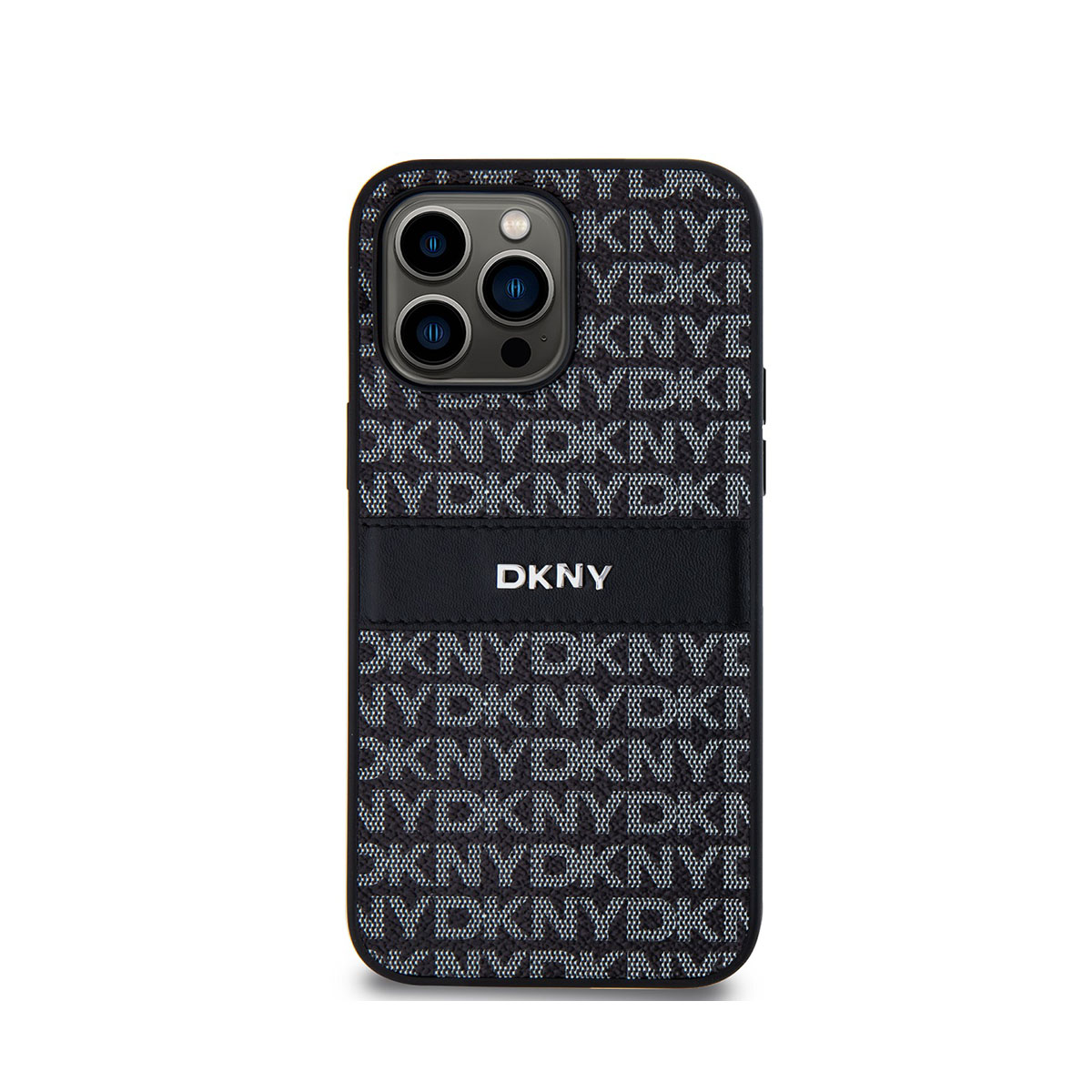 Una custodia nera per telefono con il logo DKNY, caratterizzata da un motivo di lettere DKNY e NY ripetute.