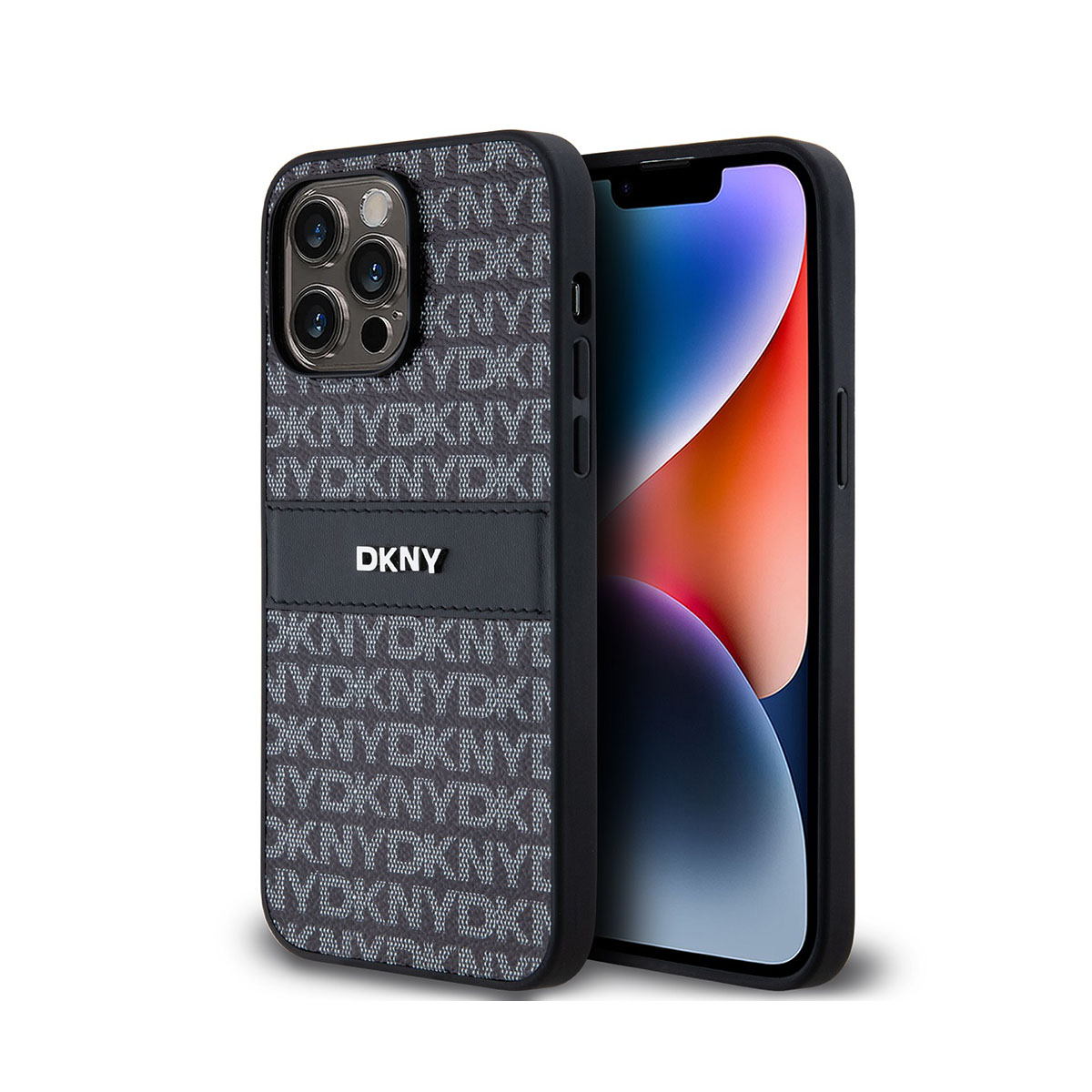 Un iPhone nero con una custodia DKNY. La custodia ha un motivo e il logo DKNY. Lo schermo mostra uno sfondo colorato.