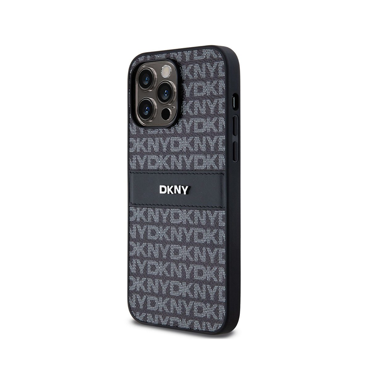 È mostrata una custodia per telefono DKNY nera. La custodia ha un motivo di 'DKNYNYC' in una tonalità più chiara. Il logo DKNY è visibile.