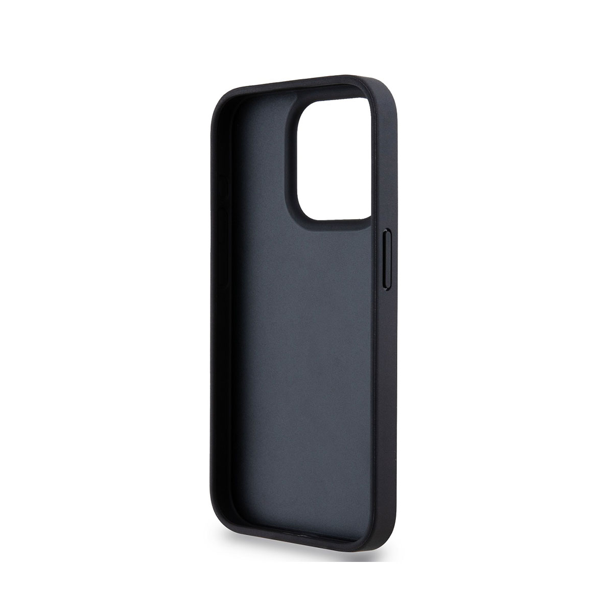È mostrata una custodia nera per telefono, con un ritaglio per la fotocamera e un pulsante laterale. Si trova su sfondo bianco.