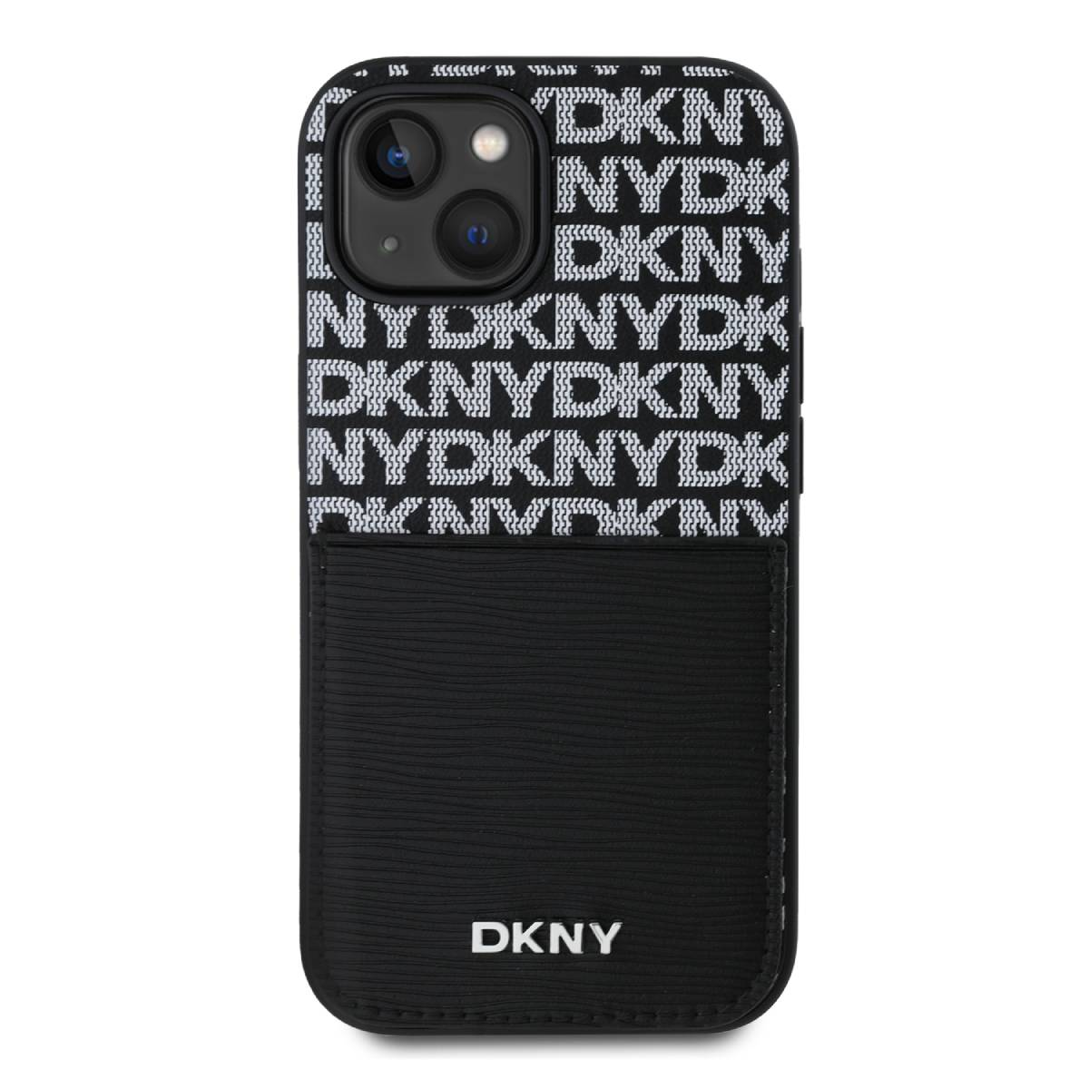 Una custodia per telefono DKNY. Ha un motivo bianco e nero con i loghi DKNY e NYDK. La parte inferiore è nera con il logo DKNY.