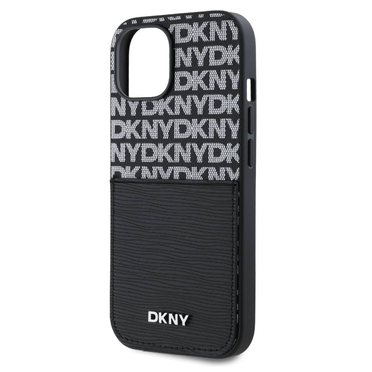 Custodia per telefono DKNY nera con motivo logo DKNY bianco. La sezione inferiore ha una finitura strutturata e il logo del marchio.