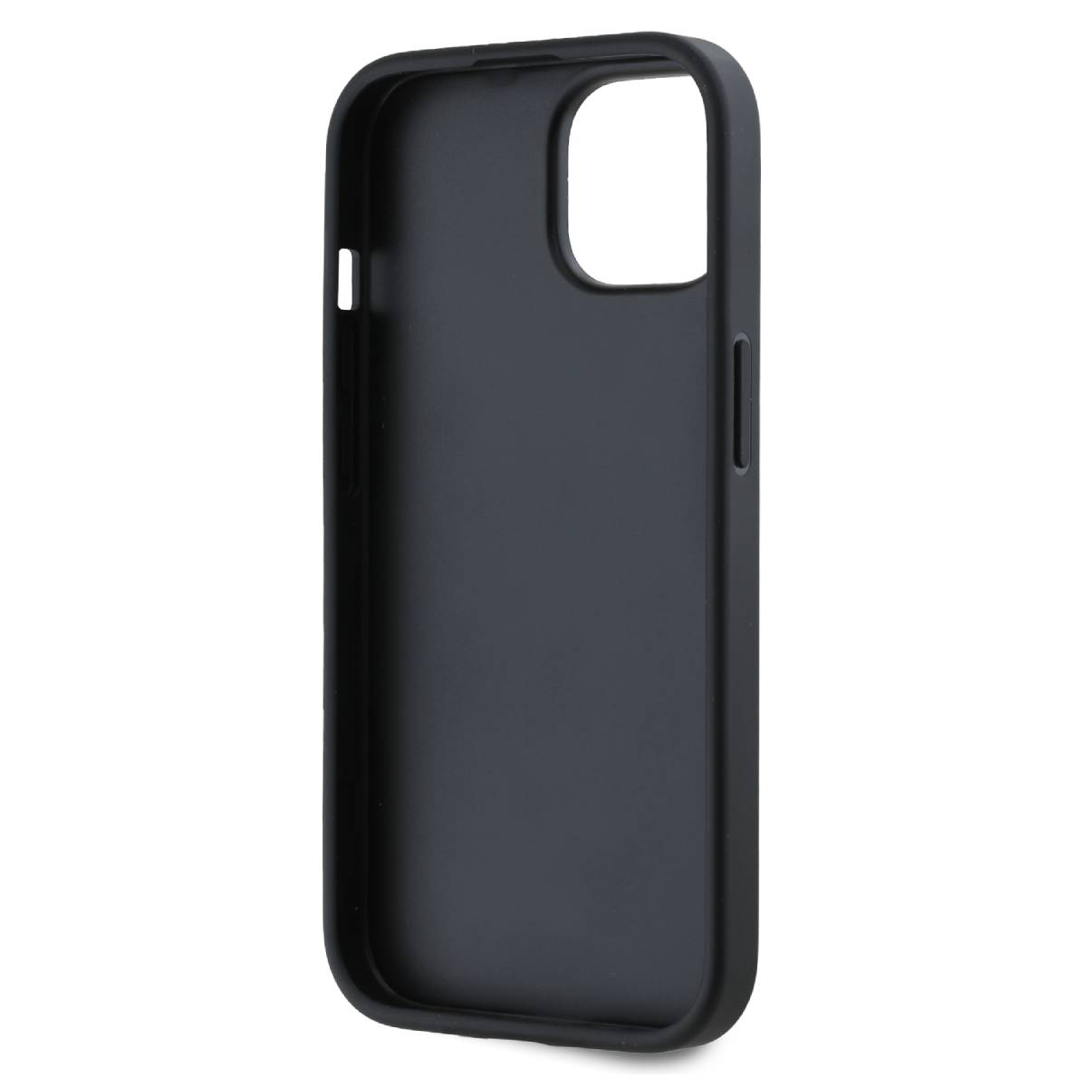 Una custodia nera per telefono su sfondo bianco. Ha aperture per fotocamera e pulsanti. La custodia è liscia e opaca.