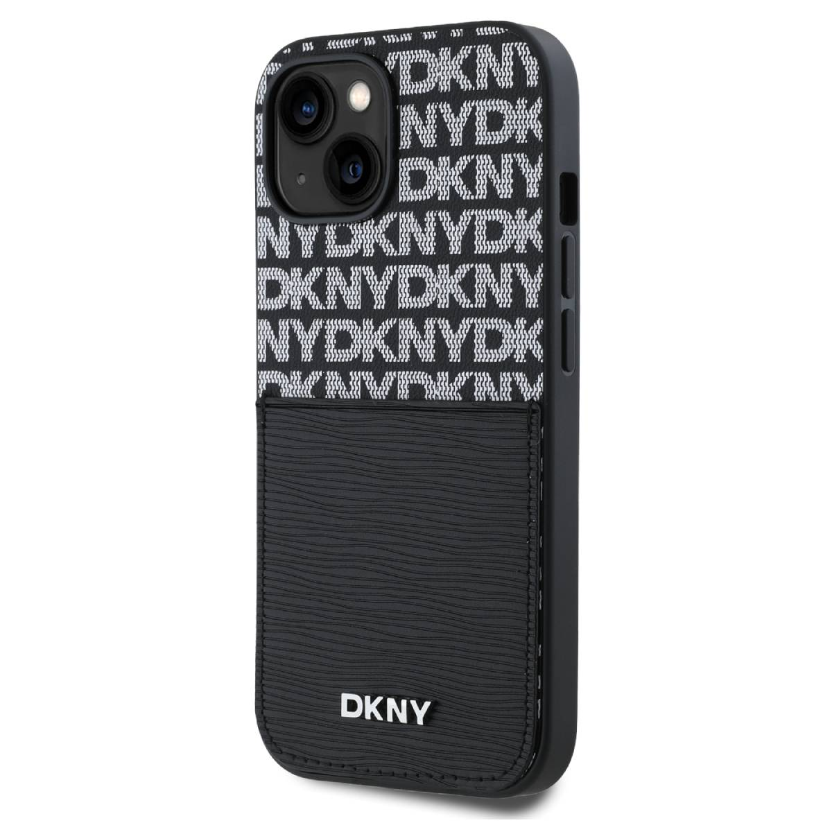 Una custodia nera per iPhone con logo DKNY. La parte superiore ha un motivo DKNY. La parte inferiore è nera liscia con superficie strutturata.