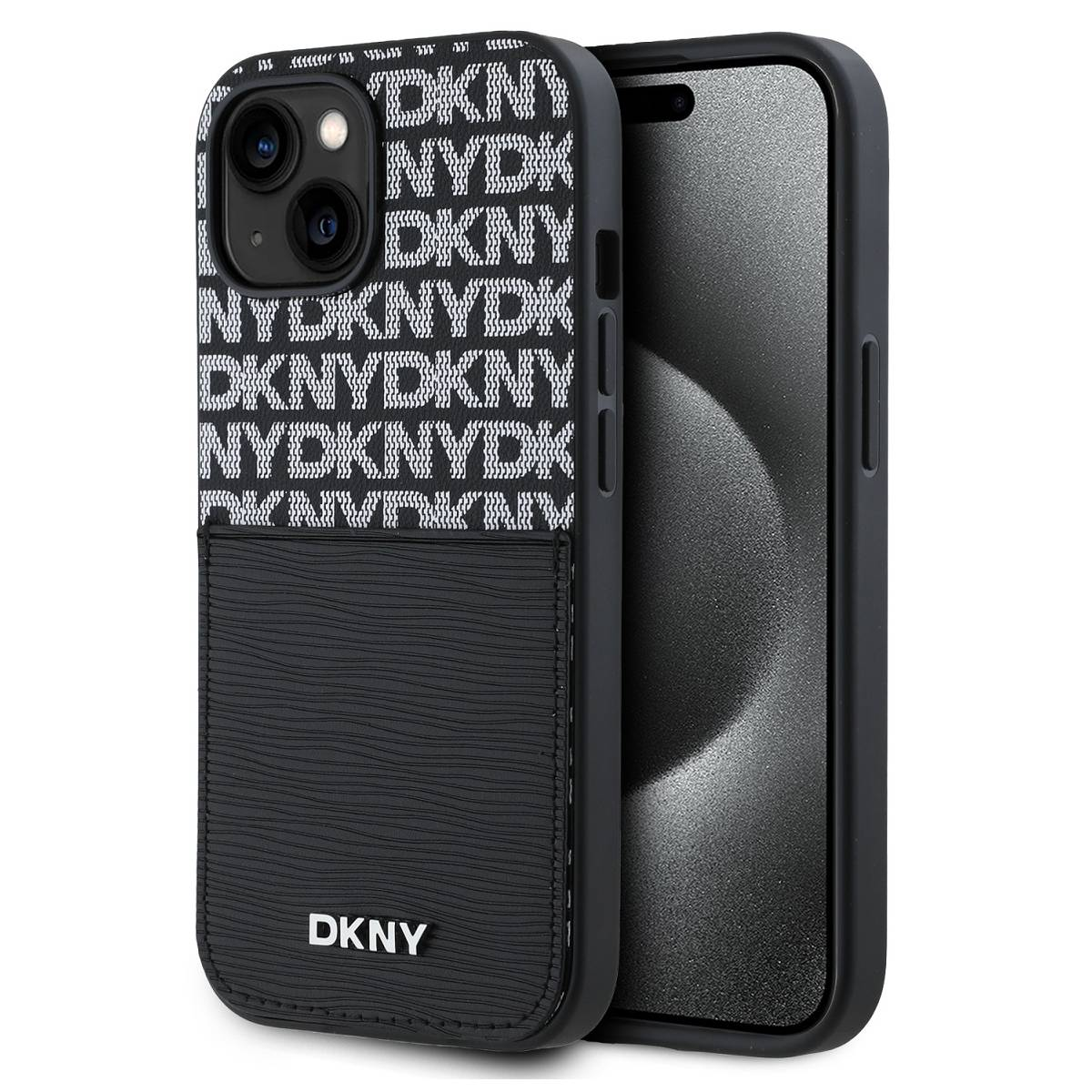 iPhone nero con custodia DKNY. La custodia ha una tasca nera e un motivo con logo DKNY bianco. Lo schermo del telefono è visibile.