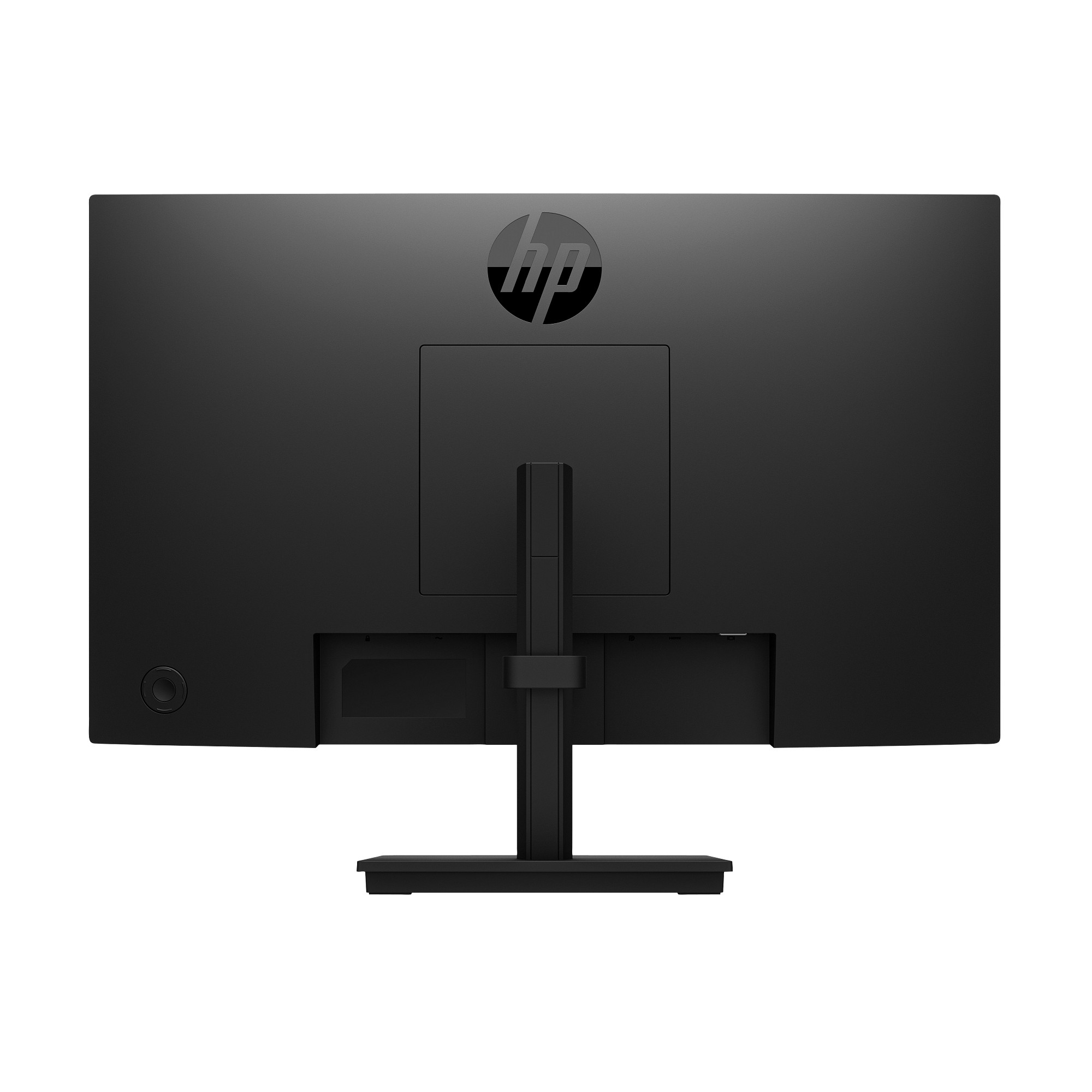 Tył czarnego monitora HP ze stojakiem. Logo HP znajduje się na górze pośrodku. Widoczne porty i przycisk zasilania.