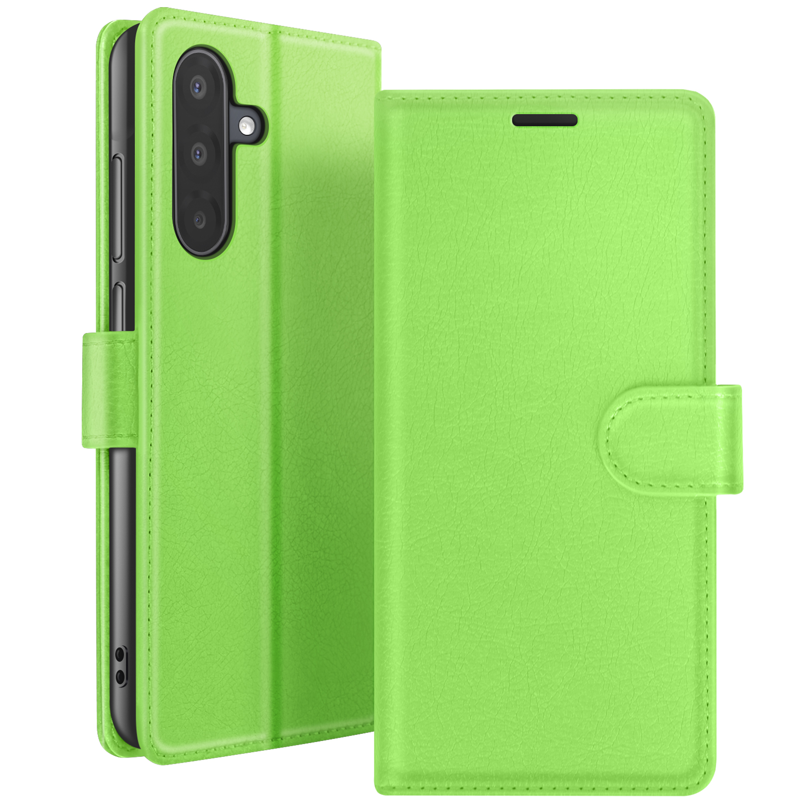Groene telefoonhoes, open. Telefoon erin. Sluiting rechts. Witte achtergrond.