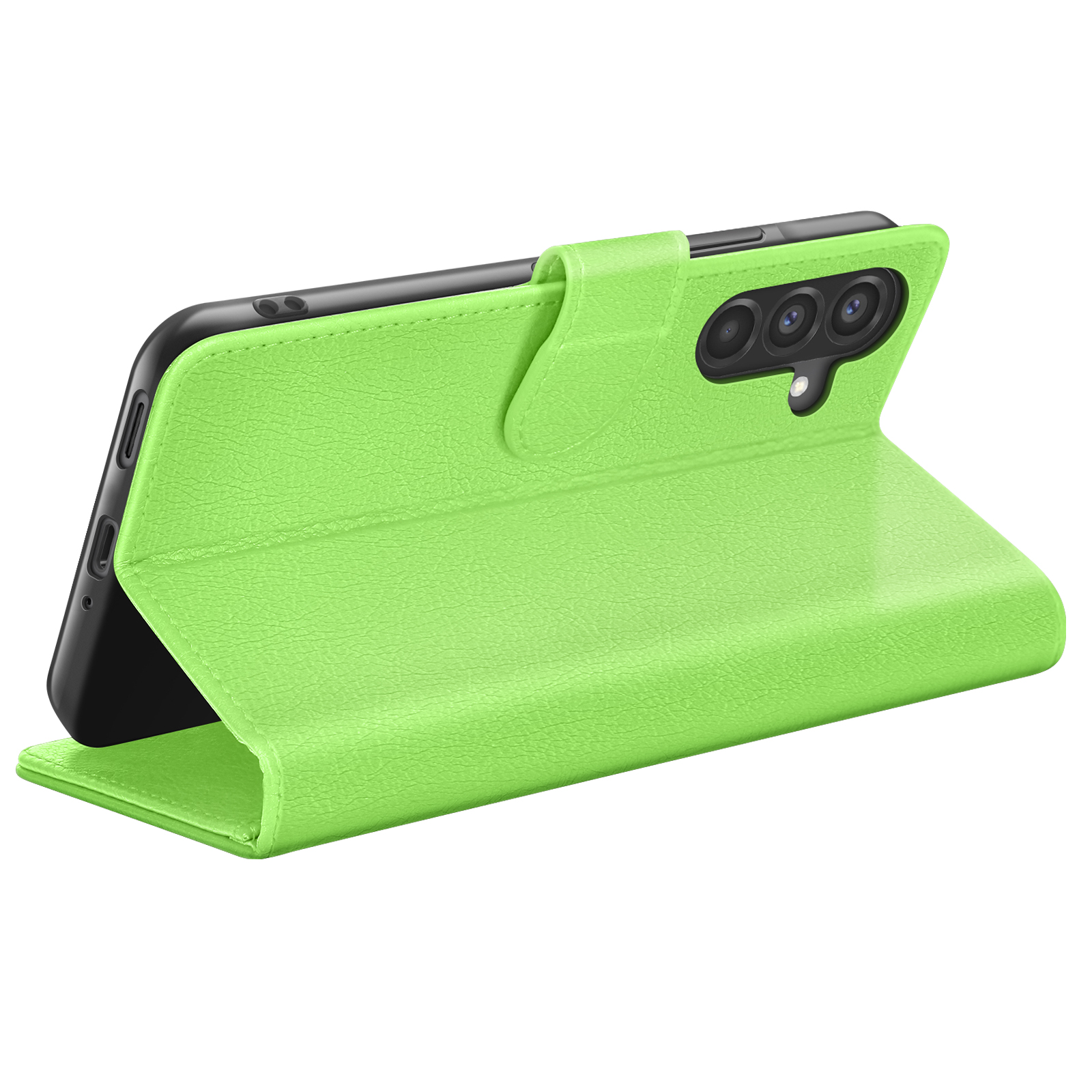 Een limoengroene telefoonhoes, open als een boek, toont een zwarte telefoon. De hoes heeft een getextureerd oppervlak en een magnetische sluiting.