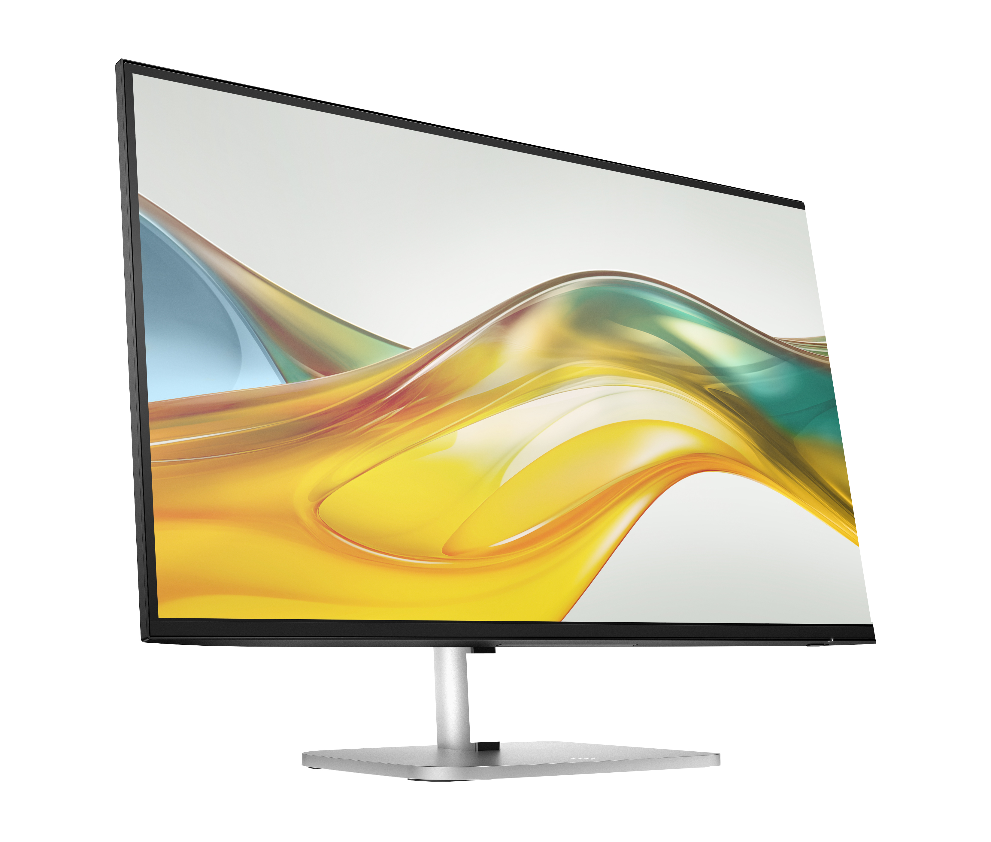 Un monitor con cornice nera mostra forme astratte colorate su sfondo bianco.