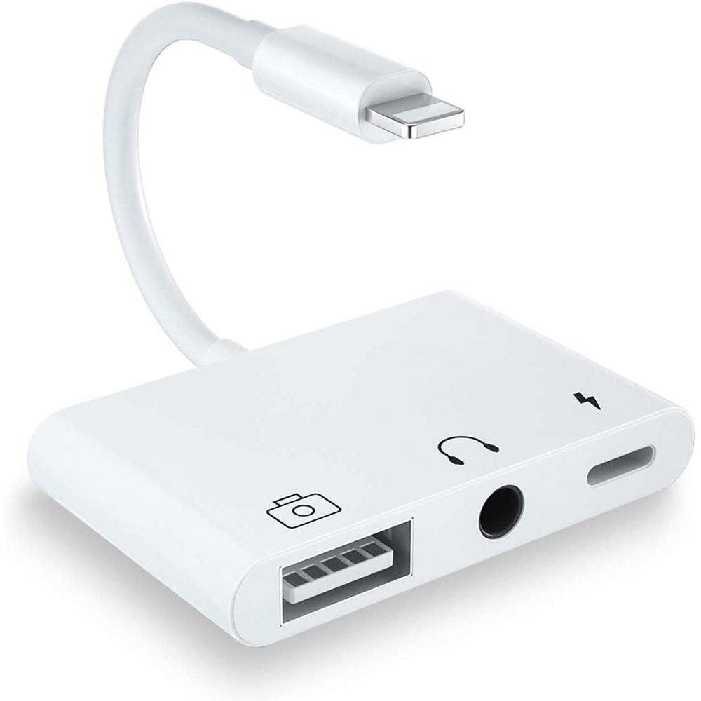 Ein weißer Adapter mit Lightning-Anschluss, USB-Anschluss, Kopfhöreranschluss und Ladeanschluss.