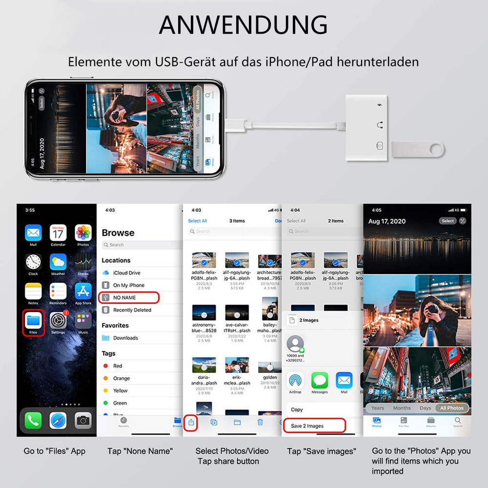 Diagramm, das Schritte zur Übertragung von Fotos vom iPhone auf USB zeigt. Enthält Telefon, USB-Laufwerk und App-Screenshots.