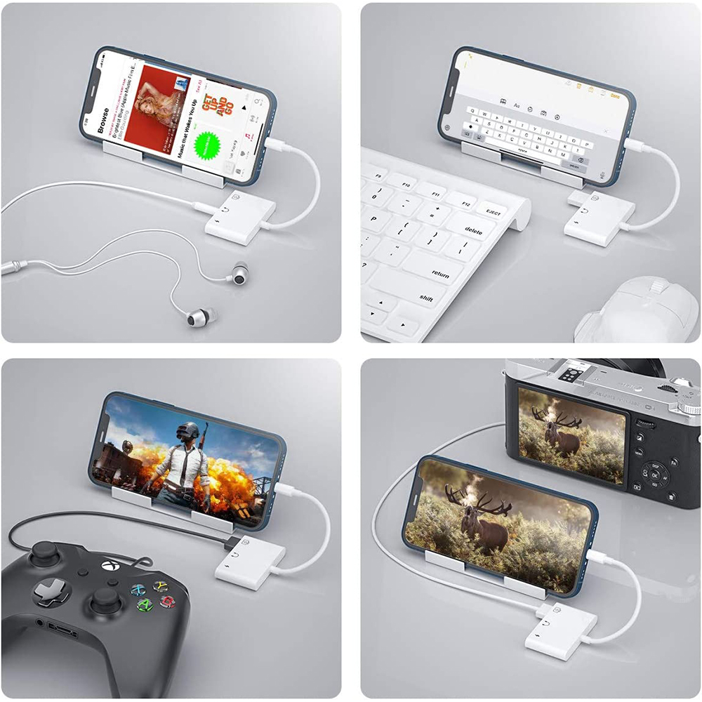 Vier Bilder zeigen Telefone, die mit Zubehör wie Kopfhörern, Tastatur, Gamecontroller und Kamera verbunden sind und verschiedene Inhalte anzeigen.