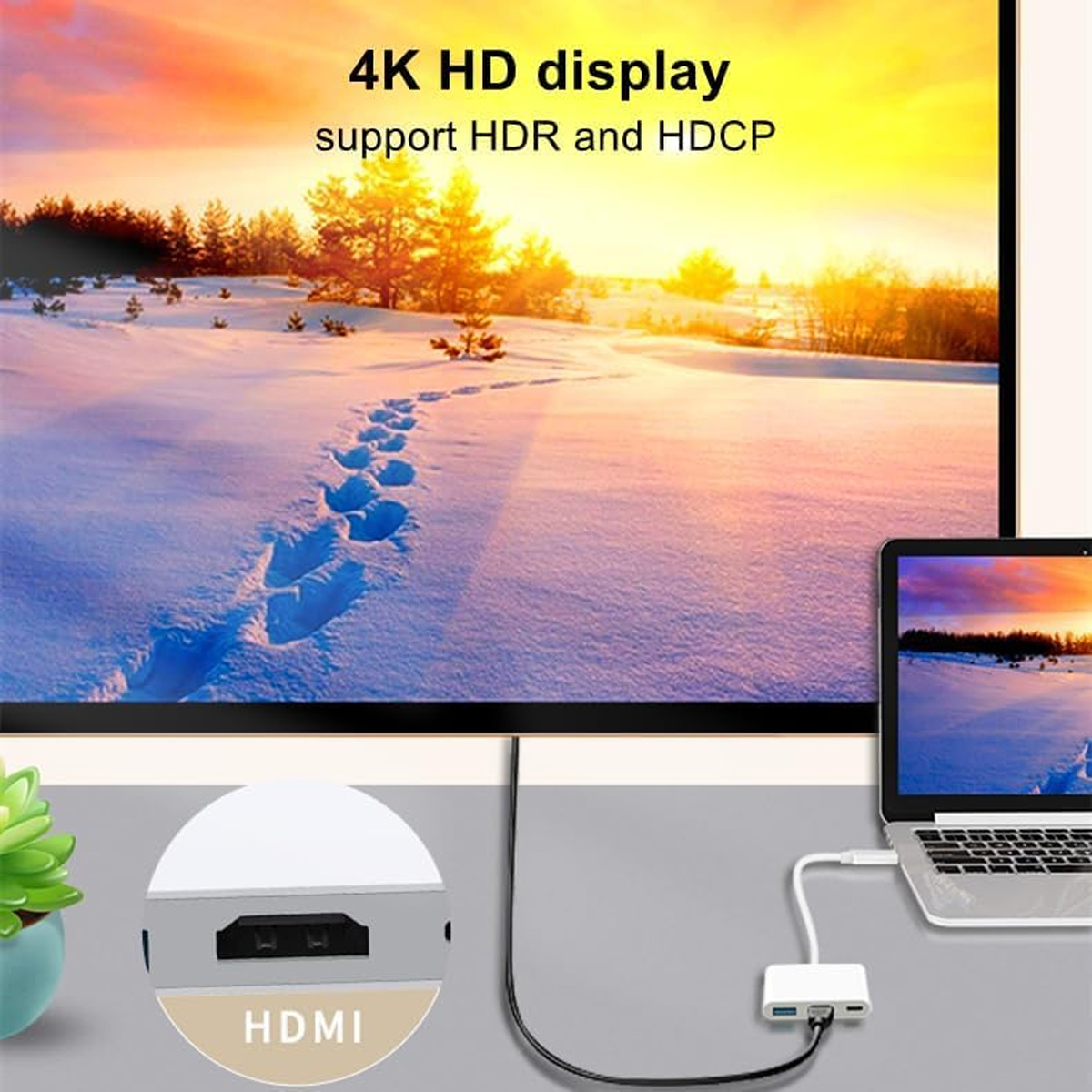 Ein Display zeigt eine verschneite Landschaft. Ein Laptop und ein HDMI-Anschluss sind verbunden. Text auf dem Display lautet 4K HD Display, unterstützt HDR und HDCP.