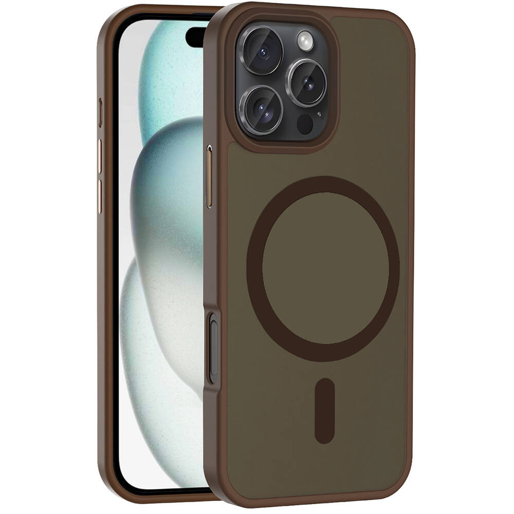 Arkada bir daire ve çizgi bulunan kahverengi bir telefon kılıfı. Telefonda üç kamera var.